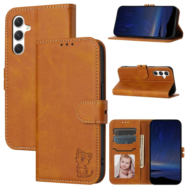 Embossed Happy Cat Pattern Flip Leather Phone Case, For Samsung Galaxy S25 Ultra 5G, For Samsung Galaxy S24 FE 5G