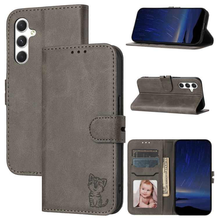 Embossed Happy Cat Pattern Flip Leather Phone Case, For Samsung Galaxy S24 FE 5G