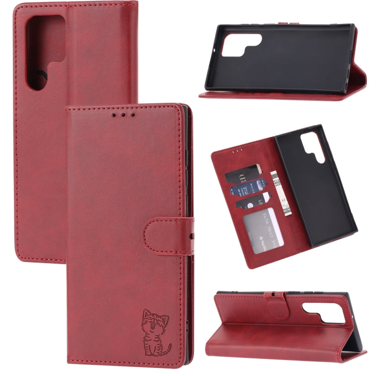 Embossed Happy Cat Pattern Flip Leather Phone Case, For Samsung Galaxy S25 Edge 5G, For Samsung Galaxy S25 5G, For Samsung Galaxy S25+ 5G, For Samsung Galaxy S25 Ultra 5G