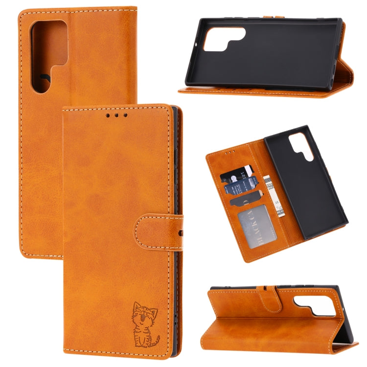 Embossed Happy Cat Pattern Flip Leather Phone Case, For Samsung Galaxy S25 Edge 5G, For Samsung Galaxy S25 5G, For Samsung Galaxy S25+ 5G, For Samsung Galaxy S25 Ultra 5G