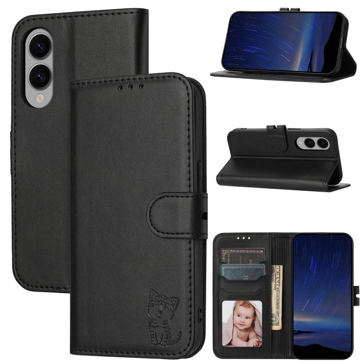 Embossed Happy Cat Pattern Flip Leather Phone Case, For Samsung Galaxy S25 Edge 5G, For Samsung Galaxy S25 5G, For Samsung Galaxy S25+ 5G, For Samsung Galaxy S25 Ultra 5G