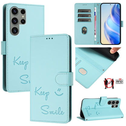 Smile Embossing RFID Leather Phone Case, For Samsung Galaxy S24 5G, For Samsung Galaxy S23 FE 5G, For Samsung Galaxy S23 Ultra 5G, For Samsung Galaxy S23+ 5G