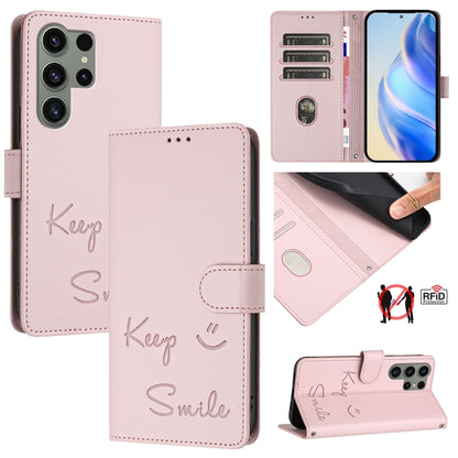 Smile Embossing RFID Leather Phone Case, For Samsung Galaxy S24 5G, For Samsung Galaxy S23 FE 5G, For Samsung Galaxy S23 Ultra 5G, For Samsung Galaxy S23+ 5G