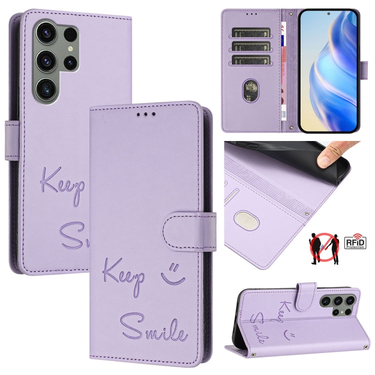 Smile Embossing RFID Leather Phone Case, For Samsung Galaxy S24 5G, For Samsung Galaxy S23 FE 5G, For Samsung Galaxy S23 Ultra 5G, For Samsung Galaxy S23+ 5G
