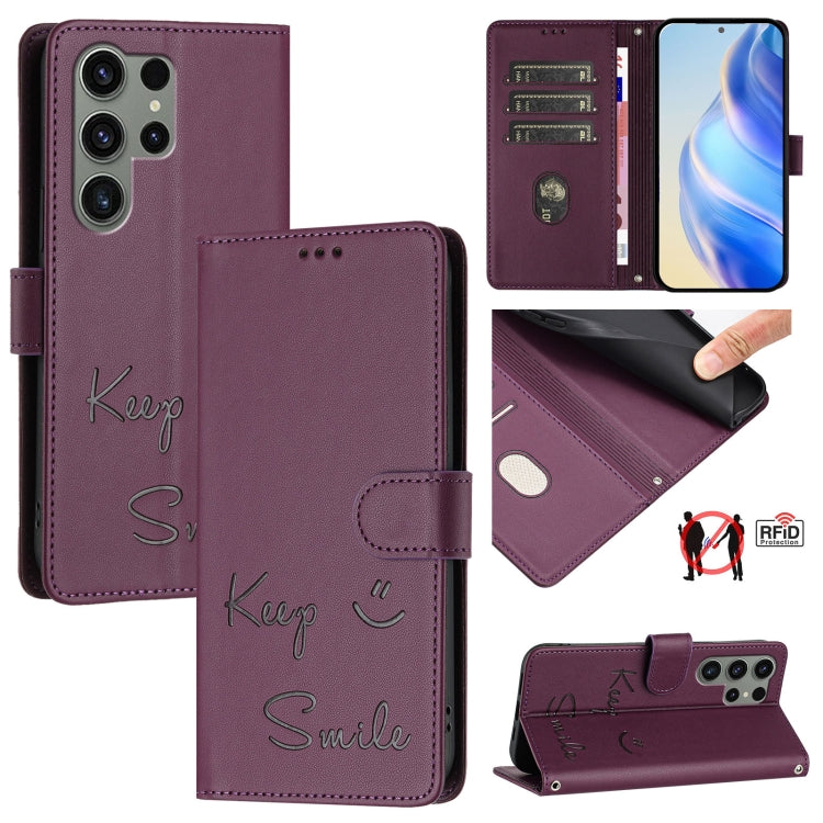 Smile Embossing RFID Leather Phone Case, For Samsung Galaxy S24 5G, For Samsung Galaxy S23 FE 5G, For Samsung Galaxy S23 Ultra 5G, For Samsung Galaxy S23+ 5G