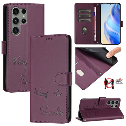 Smile Embossing RFID Leather Phone Case, For Samsung Galaxy S24 5G, For Samsung Galaxy S23 FE 5G, For Samsung Galaxy S23 Ultra 5G, For Samsung Galaxy S23+ 5G