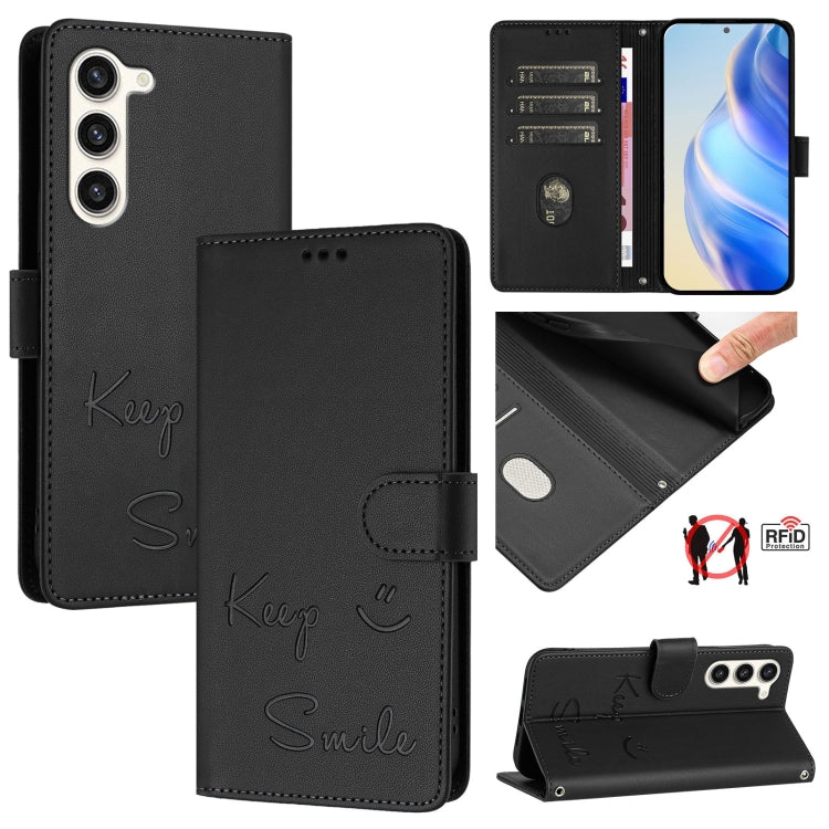 Smile Embossing RFID Leather Phone Case, For Samsung Galaxy S24 5G, For Samsung Galaxy S23 FE 5G, For Samsung Galaxy S23 Ultra 5G, For Samsung Galaxy S23+ 5G