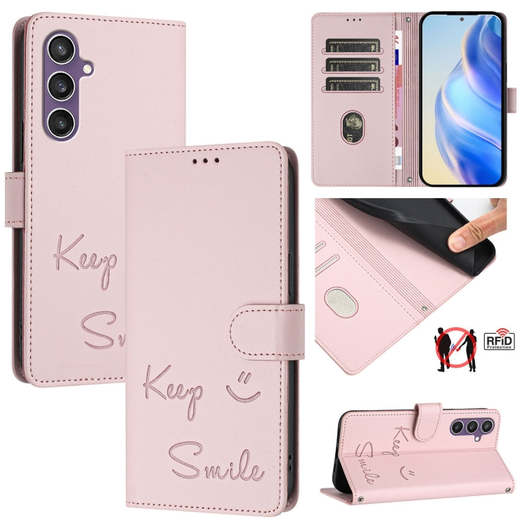 Smile Embossing RFID Leather Phone Case, For Samsung Galaxy S24 5G, For Samsung Galaxy S23 FE 5G, For Samsung Galaxy S23 Ultra 5G, For Samsung Galaxy S23+ 5G