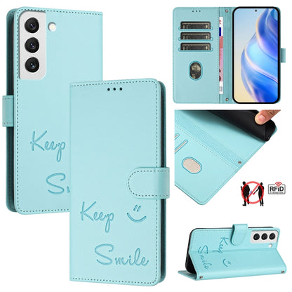 Smile Embossing RFID Leather Phone Case, For Samsung Galaxy S22 5G, For Samsung Galaxy S21 FE 5G, For Samsung Galaxy S21 5G, For Samsung Galaxy S21+ 5G