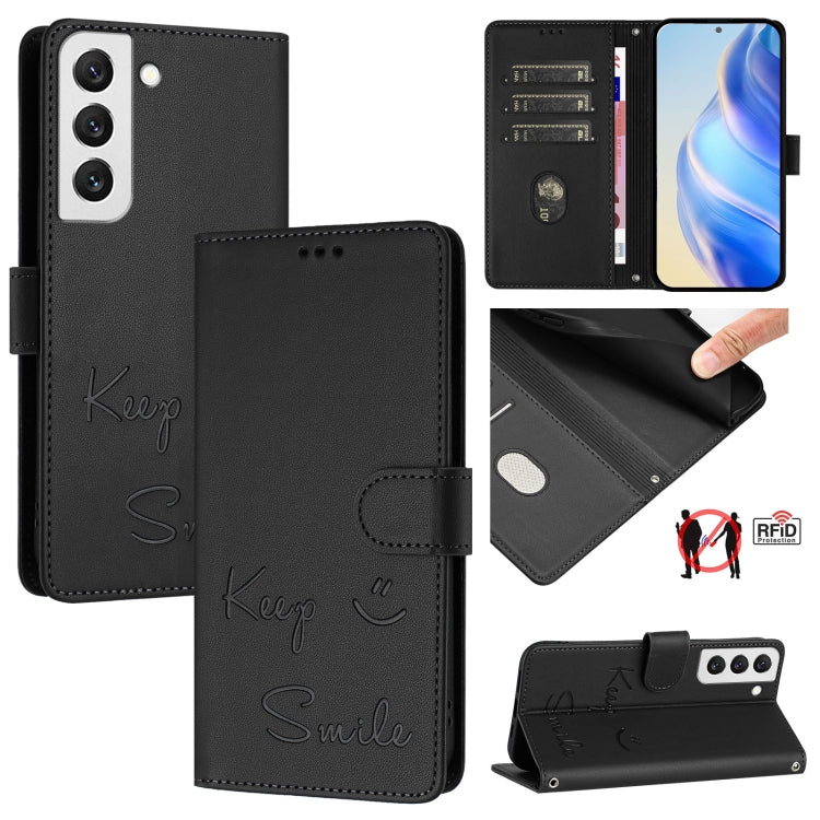 Smile Embossing RFID Leather Phone Case, For Samsung Galaxy S22 5G, For Samsung Galaxy S21 FE 5G, For Samsung Galaxy S21 5G, For Samsung Galaxy S21+ 5G
