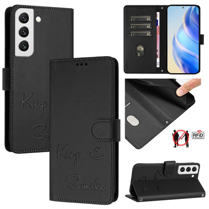 Smile Embossing RFID Leather Phone Case, For Samsung Galaxy S22 5G, For Samsung Galaxy S21 FE 5G, For Samsung Galaxy S21 5G, For Samsung Galaxy S21+ 5G