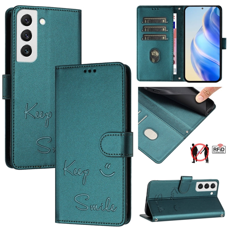 Smile Embossing RFID Leather Phone Case, For Samsung Galaxy S22 5G, For Samsung Galaxy S21 FE 5G, For Samsung Galaxy S21 5G, For Samsung Galaxy S21+ 5G