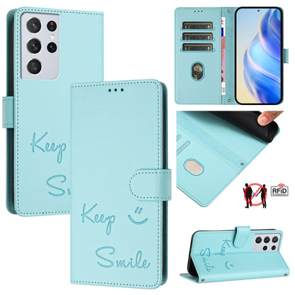 Smile Embossing RFID Leather Phone Case, For Samsung Galaxy S21 FE 5G, For Samsung Galaxy S21 5G, For Samsung Galaxy S21+ 5G, For Samsung Galaxy S21 Ultra 5G