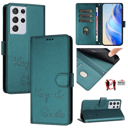 Smile Embossing RFID Leather Phone Case, For Samsung Galaxy S21 FE 5G, For Samsung Galaxy S21 5G, For Samsung Galaxy S21+ 5G, For Samsung Galaxy S21 Ultra 5G