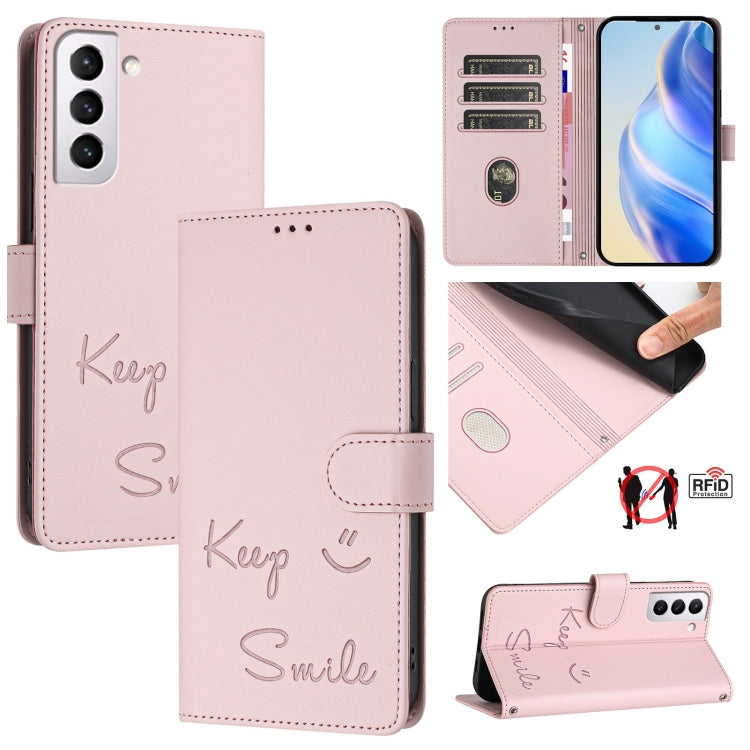 Smile Embossing RFID Leather Phone Case, For Samsung Galaxy S22 5G, For Samsung Galaxy S21 FE 5G, For Samsung Galaxy S21 5G, For Samsung Galaxy S21+ 5G