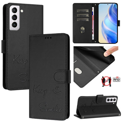 Smile Embossing RFID Leather Phone Case, For Samsung Galaxy S22 5G, For Samsung Galaxy S21 FE 5G, For Samsung Galaxy S21 5G, For Samsung Galaxy S21+ 5G