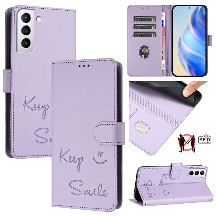 Smile Embossing RFID Leather Phone Case, For Samsung Galaxy S22 5G, For Samsung Galaxy S21 FE 5G, For Samsung Galaxy S21 5G, For Samsung Galaxy S21+ 5G