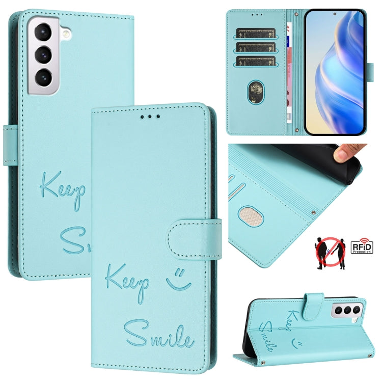 Smile Embossing RFID Leather Phone Case, For Samsung Galaxy S22 5G, For Samsung Galaxy S21 FE 5G, For Samsung Galaxy S21 5G, For Samsung Galaxy S21+ 5G