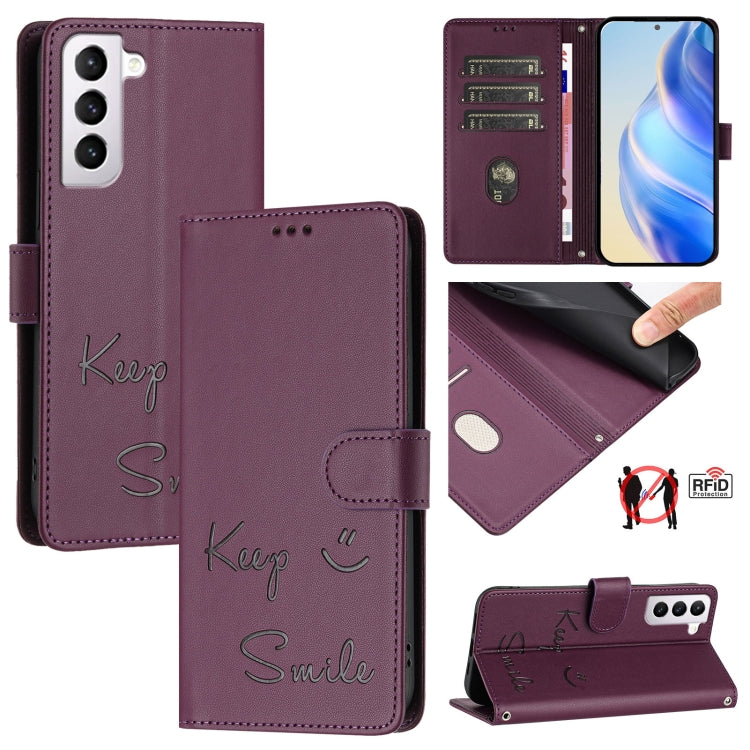 Smile Embossing RFID Leather Phone Case, For Samsung Galaxy S22 5G, For Samsung Galaxy S21 FE 5G, For Samsung Galaxy S21 5G, For Samsung Galaxy S21+ 5G
