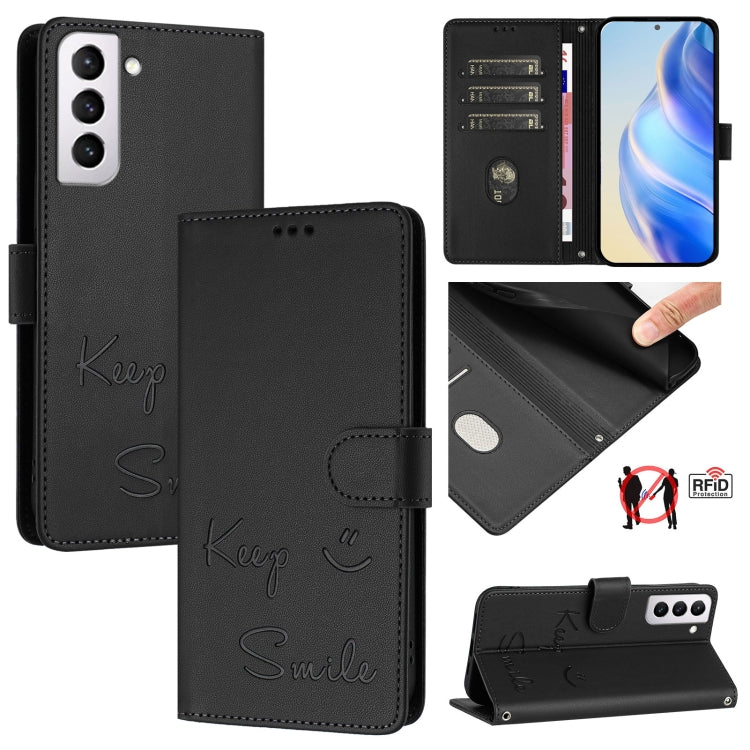 Smile Embossing RFID Leather Phone Case, For Samsung Galaxy S22 5G, For Samsung Galaxy S21 FE 5G, For Samsung Galaxy S21 5G, For Samsung Galaxy S21+ 5G