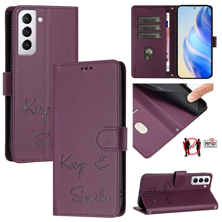 Smile Embossing RFID Leather Phone Case, For Samsung Galaxy S21 FE 5G, For Samsung Galaxy S21 5G, For Samsung Galaxy S21+ 5G, For Samsung Galaxy S21 Ultra 5G