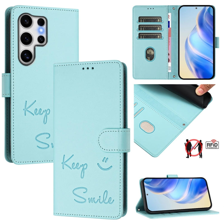 Smile Embossing RFID Leather Phone Case, For Samsung Galaxy S25 Ultra 5G, For Samsung Galaxy S24 FE 5G, For Samsung Galaxy S24 Ultra 5G, For Samsung Galaxy S24+ 5G