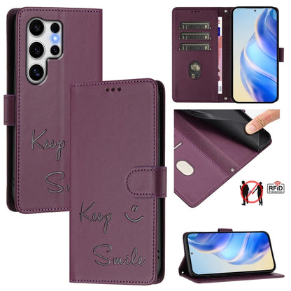 Smile Embossing RFID Leather Phone Case, For Samsung Galaxy S25 Ultra 5G, For Samsung Galaxy S24 FE 5G, For Samsung Galaxy S24 Ultra 5G, For Samsung Galaxy S24+ 5G