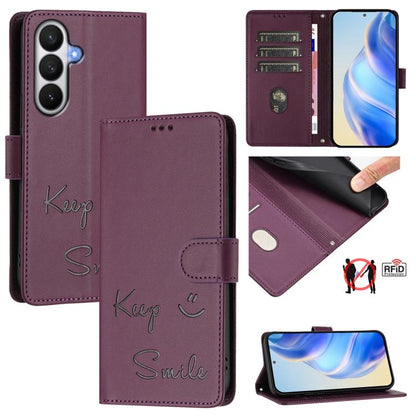 Smile Embossing RFID Leather Phone Case, For Samsung Galaxy S26 5G, For Samsung Galaxy S25 Edge 5G, For Samsung Galaxy S25 5G, For Samsung Galaxy S25+ 5G