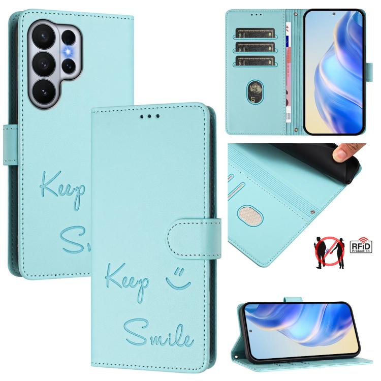 Smile Embossing RFID Leather Phone Case, For Galaxy S26 FE 5G 5G, For Samsung Galaxy S26+ 5G, For Samsung Galaxy S26 Edge 5G, For Samsung Galaxy S26 Ultra 5G
