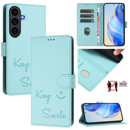 Smile Embossing RFID Leather Phone Case, For Galaxy S26 FE 5G 5G, For Samsung Galaxy S26+ 5G, For Samsung Galaxy S26 Edge 5G, For Samsung Galaxy S26 Ultra 5G