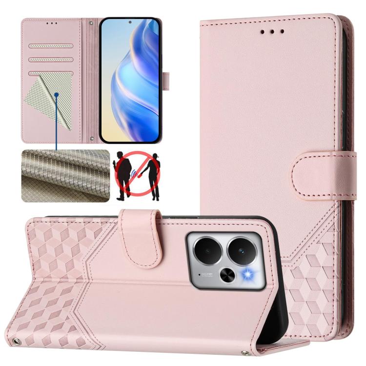 Honeycomb Embossing RFID Leather Phone Case, For Realme 14x Global / V70 5G / C75 5G, For Realme Narzo 80 Pro / 14 Pro 5G India, For Realme 14 5G / 14T 5G Global, For Realme P3 Ultra 5G