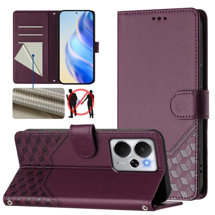 Honeycomb Embossing RFID Leather Phone Case, For Realme 14x Global / V70 5G / C75 5G, For Realme Narzo 80 Pro / 14 Pro 5G India, For Realme 14 5G / 14T 5G Global, For Realme P3 Ultra 5G