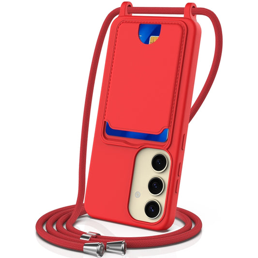 Integrated Card Bag Solid Color Liquid Silicone Phone Case with Lanyard, For Samsung Galaxy S25 5G, For Samsung Galaxy S25+ 5G, For Samsung Galaxy S25 Ultra 5G, For Samsung Galaxy S24 FE 5G
