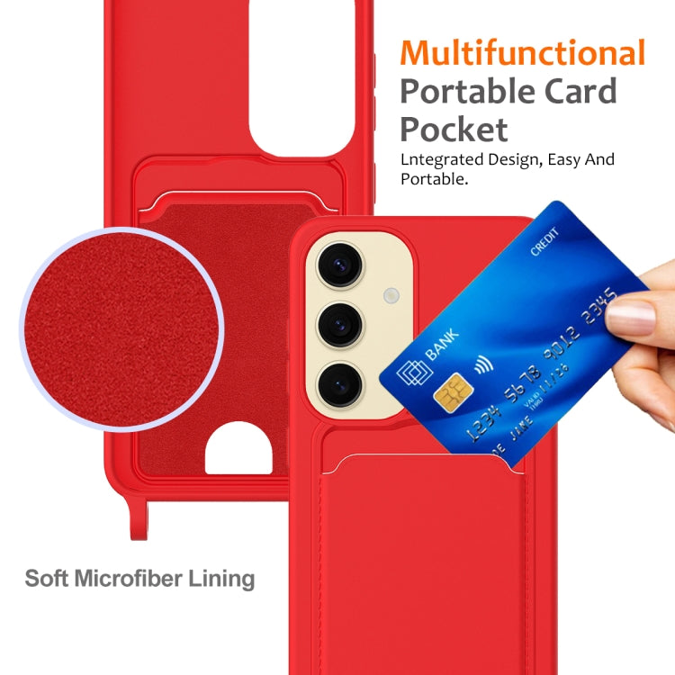 Integrated Card Bag Solid Color Liquid Silicone Phone Case with Lanyard, For Samsung Galaxy S25 5G, For Samsung Galaxy S25+ 5G, For Samsung Galaxy S25 Ultra 5G, For Samsung Galaxy S24 FE 5G