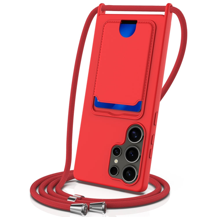 Integrated Card Bag Solid Color Liquid Silicone Phone Case with Lanyard, For Samsung Galaxy S25 5G, For Samsung Galaxy S25+ 5G, For Samsung Galaxy S25 Ultra 5G, For Samsung Galaxy S24 FE 5G