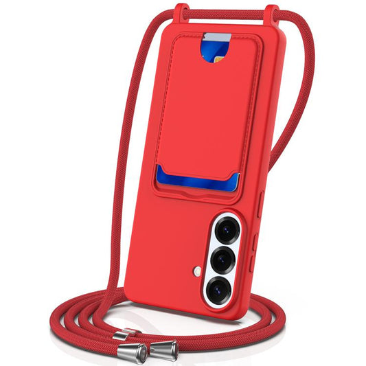 Integrated Card Bag Solid Color Liquid Silicone Phone Case with Lanyard, For Samsung Galaxy S26+ 5G, For Samsung Galaxy S26 Ultra 5G, For Samsung Galaxy S26 5G, For Samsung Galaxy S25 FE 5G, For Samsung Galaxy S25 Edge 5G, For Samsung Galaxy S25 5G