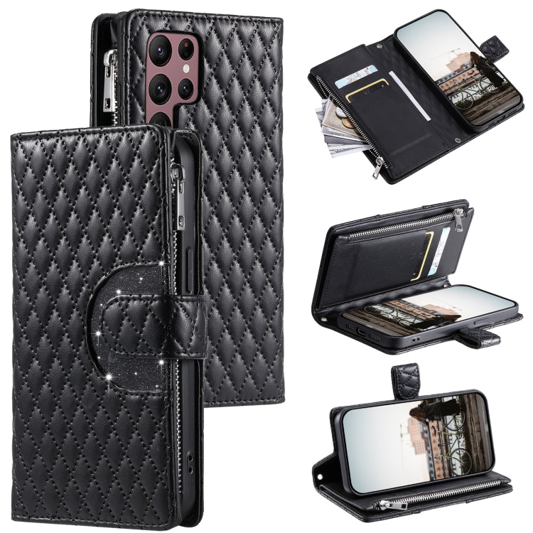 Glitter Lattice Zipper Wallet Leather Phone Case, For Samsung Galaxy S25+ 5G, For Samsung Galaxy S25 Ultra 5G