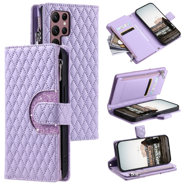 Glitter Lattice Zipper Wallet Leather Phone Case, For Samsung Galaxy S25+ 5G, For Samsung Galaxy S25 Ultra 5G