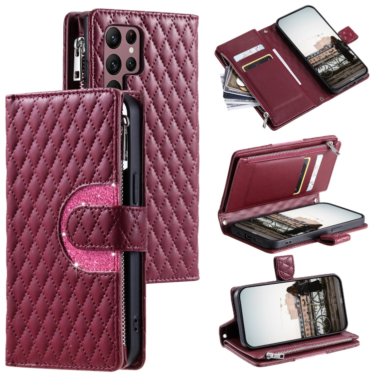 Glitter Lattice Zipper Wallet Leather Phone Case, For Samsung Galaxy S25+ 5G, For Samsung Galaxy S25 Ultra 5G