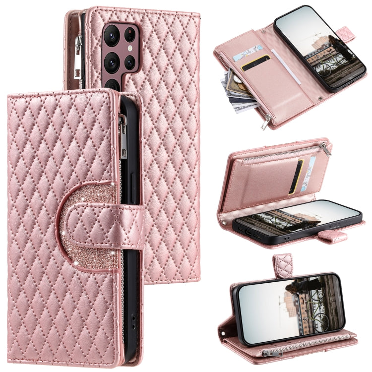 Glitter Lattice Zipper Wallet Leather Phone Case, For Samsung Galaxy S25+ 5G, For Samsung Galaxy S25 Ultra 5G