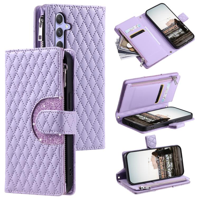 Glitter Lattice Zipper Wallet Leather Phone Case, For Samsung Galaxy S26+ 5G, For Samsung Galaxy S26 Ultra 5G, For Samsung Galaxy S26 5G, For Samsung Galaxy S25 FE 5G, For Samsung Galaxy S25 Edge 5G, For Samsung Galaxy S25 5G