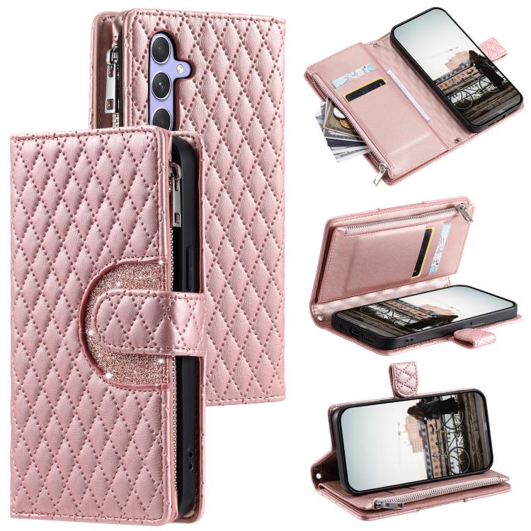 Glitter Lattice Zipper Wallet Leather Phone Case, For Samsung Galaxy S26+ 5G, For Samsung Galaxy S26 Ultra 5G, For Samsung Galaxy S26 5G, For Samsung Galaxy S25 FE 5G, For Samsung Galaxy S25 Edge 5G, For Samsung Galaxy S25 5G