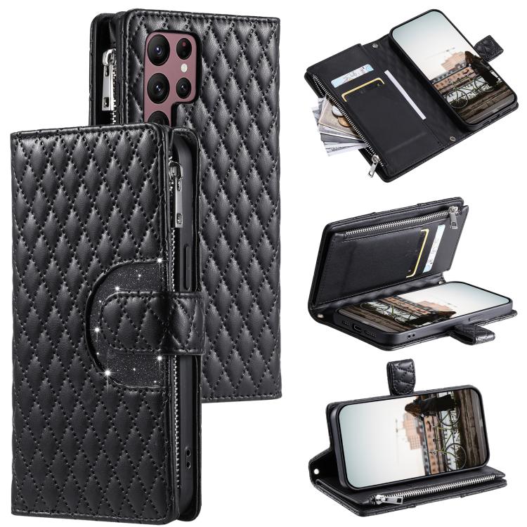 Glitter Lattice Zipper Wallet Leather Phone Case, For Samsung Galaxy S26+ 5G, For Samsung Galaxy S26 Ultra 5G, For Samsung Galaxy S26 5G, For Samsung Galaxy S25 FE 5G, For Samsung Galaxy S25 Edge 5G, For Samsung Galaxy S25 5G