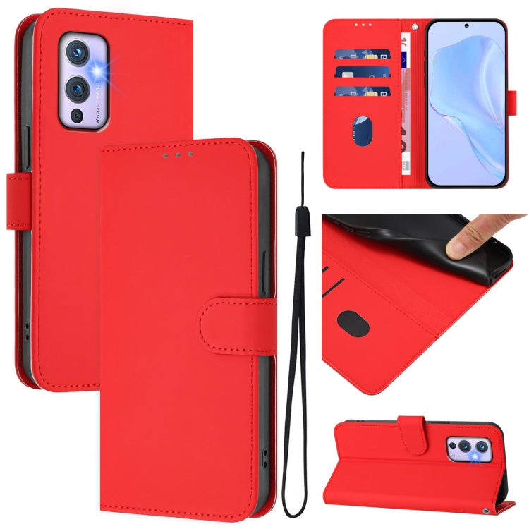 Skin Feel Solid Color Leather Phone Case with Lanyard, For OnePlus 9