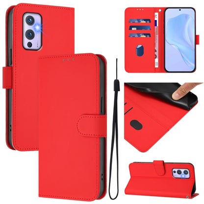 Skin Feel Solid Color Leather Phone Case with Lanyard, For OnePlus 9