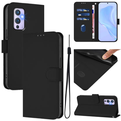 Skin Feel Solid Color Leather Phone Case with Lanyard, For OnePlus 9