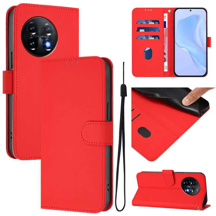Skin Feel Solid Color Leather Phone Case with Lanyard, For OnePlus 11