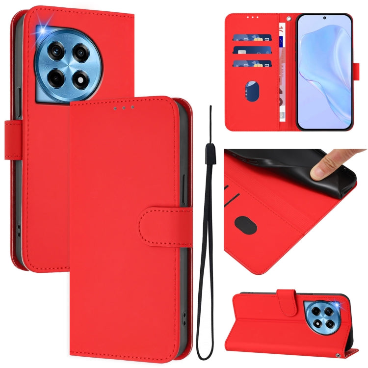 Skin Feel Solid Color Leather Phone Case with Lanyard, For OnePlus 12 5G Global