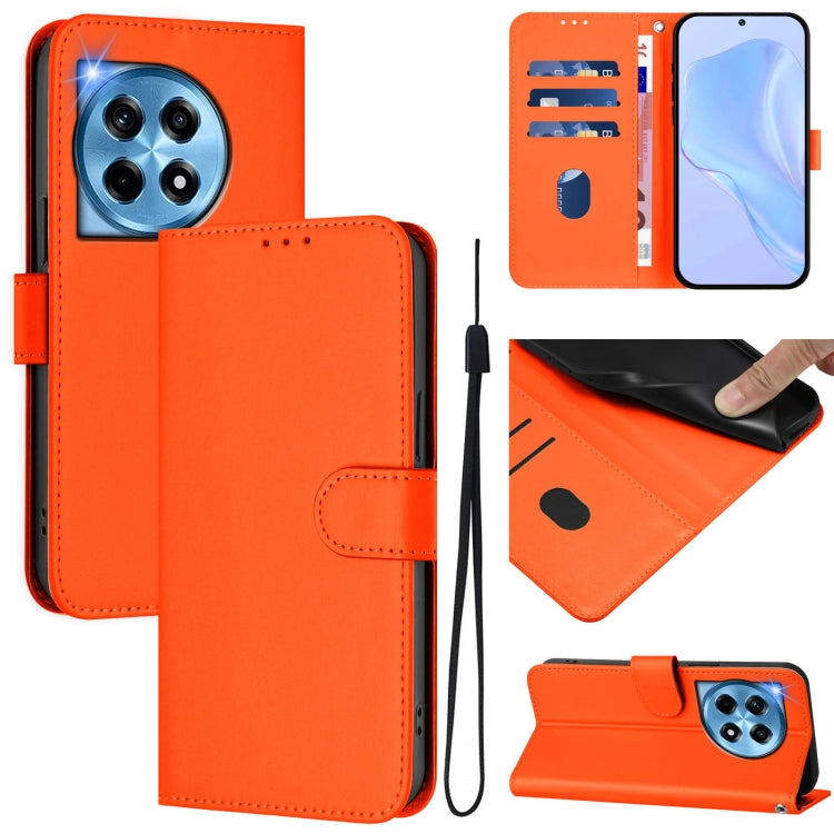 Skin Feel Solid Color Leather Phone Case with Lanyard, For OnePlus 12 5G Global
