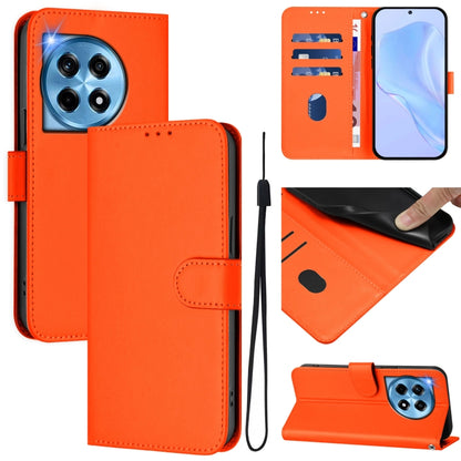 Skin Feel Solid Color Leather Phone Case with Lanyard, For OnePlus 12 5G Global